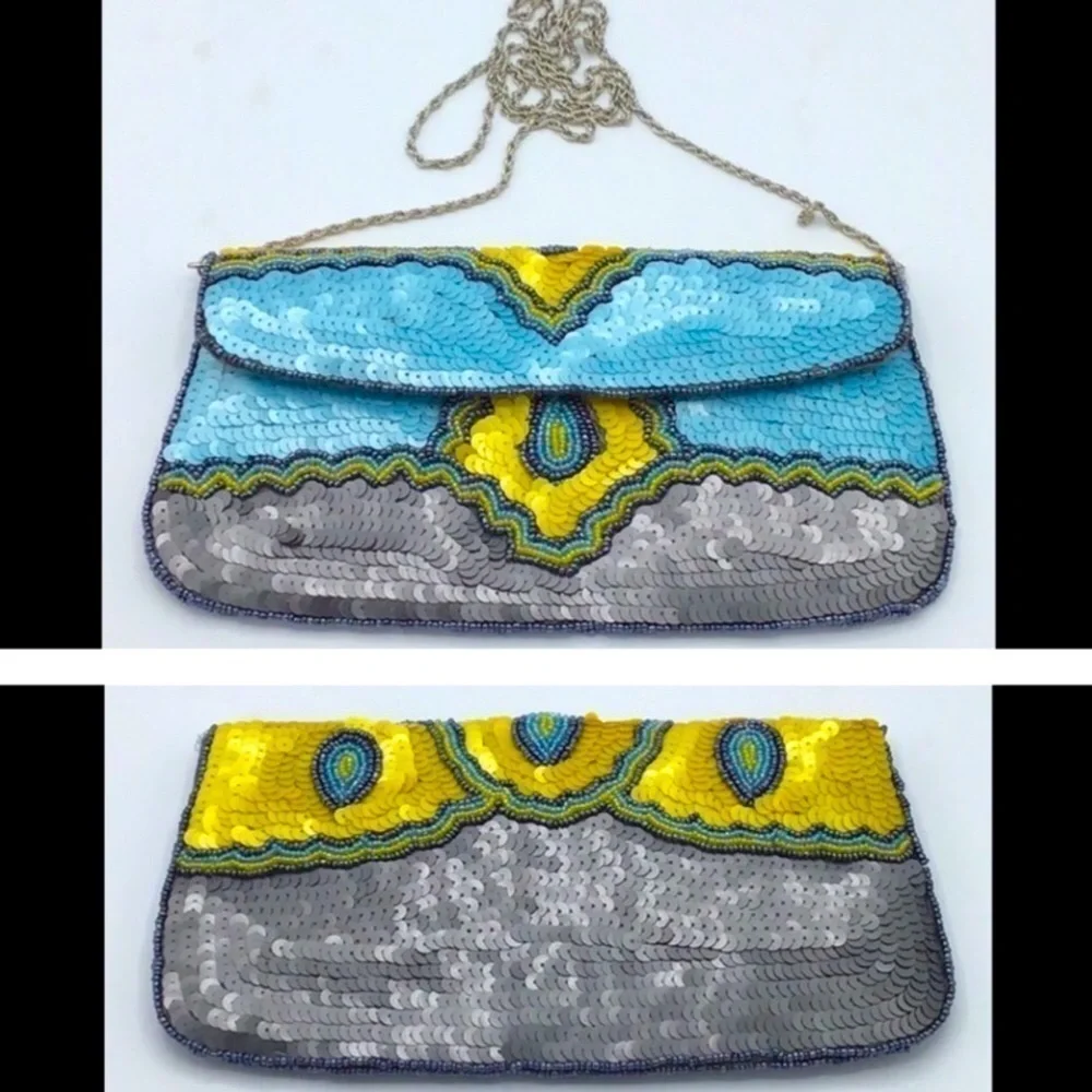 KC MALHAN AQUA BALI SEQUIN BEADED CLUTCH HANDBAG